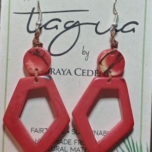 Coral pink art deco dangly earrings